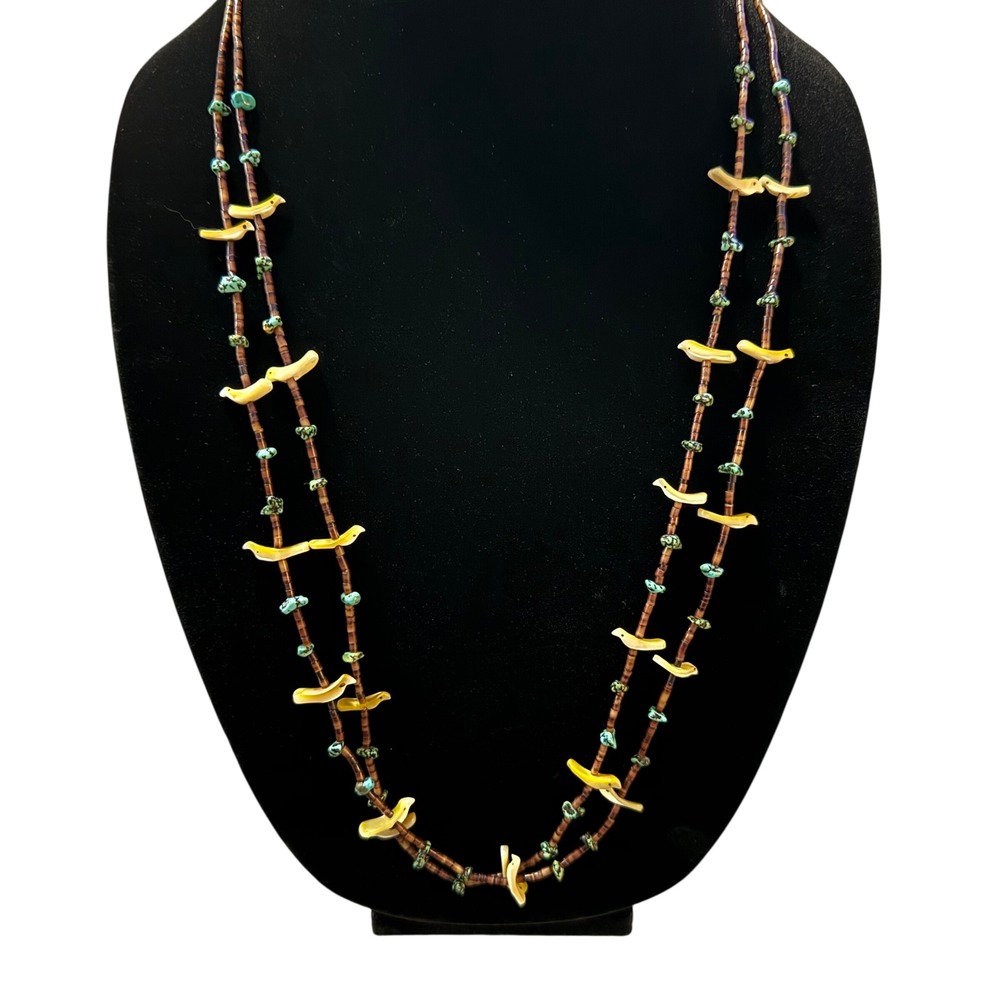 Navajo‎ Zuni Sterling Silver Mother of Pearl Bird Fetish Turquoise Necklace